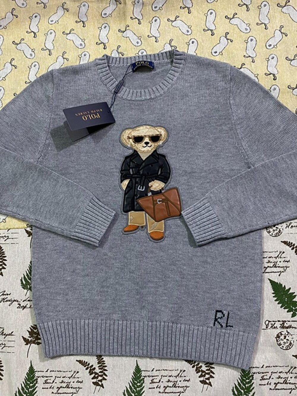 Polo Ralph Lauren Embroidered Bear Grey Crew Neck Knit Sweater